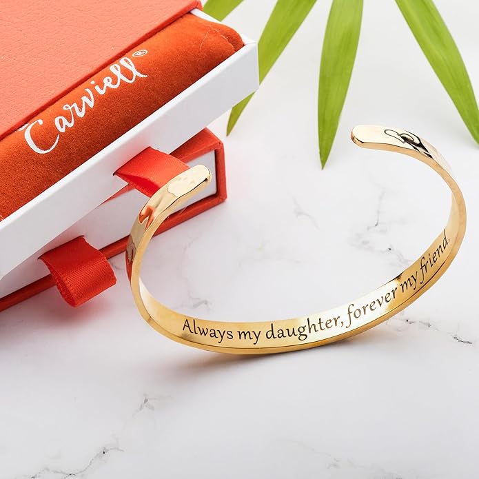 Carviell Engraved Cuff Bracelets for Women – Inspirational, Friendship, Love, Mom, Daughter, Sister, Christian, Graduation, Memorial & Wedding Gifts – 80+ Phrases – Stainless Steel, Gift-Ready