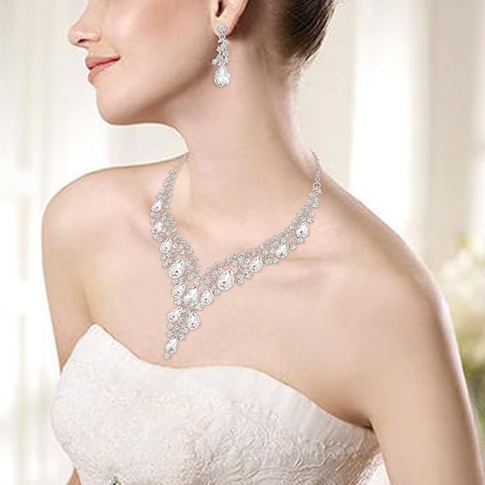 BriLove Women's Wedding Bridal Austrian Crystal Teardrop Flower Cluster Statement Necklace Dangle Earrings Jewelry Set for Party Prom
