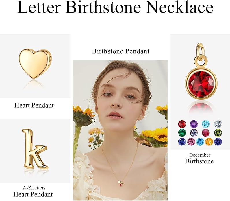Ursilver Initial Birthstone Necklace for Women - Heart Initial Birthstone Pendant Necklace Personalized Gifts Birthday Gifts for Women