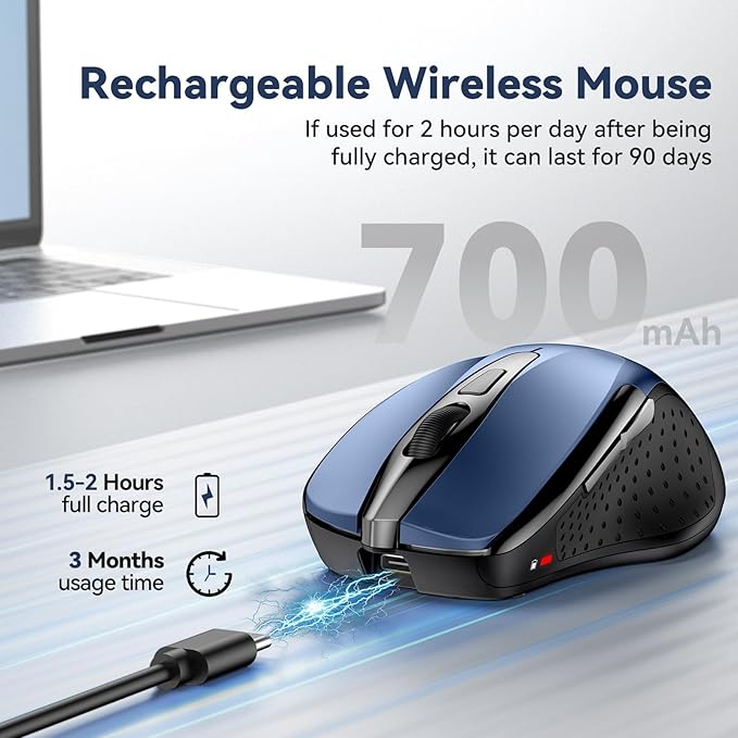 Bluetooth Mouse (BT5.0/3.0 & 2.4G) Rechargeable Wireless Mouse, 4800 DPI Optical Tracking, 6 Adjustable DPI, 2.4GHz with USB A Receiver, Quiet Clicks, Ergonomic Grips, 6 Buttons - Blue