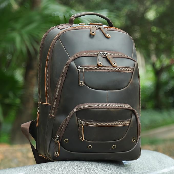 TIDING Men's Full Grain Leather Backpack Fits 16" Laptop, Vintage Business Casual Daypack 19L Overnight Travel Rucksack