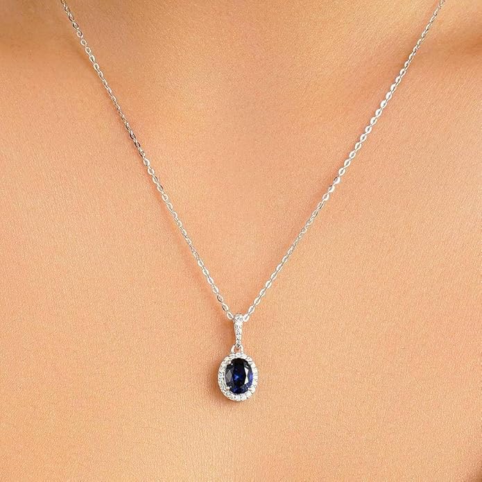 MSBLUE 1.69ct Vintage Style Oval Created Sapphire Halo Pendant Necklace, Sterling Silver with 14K White Gold Vermeil, Rhodium Finish, Valentines Day Gifts for Her