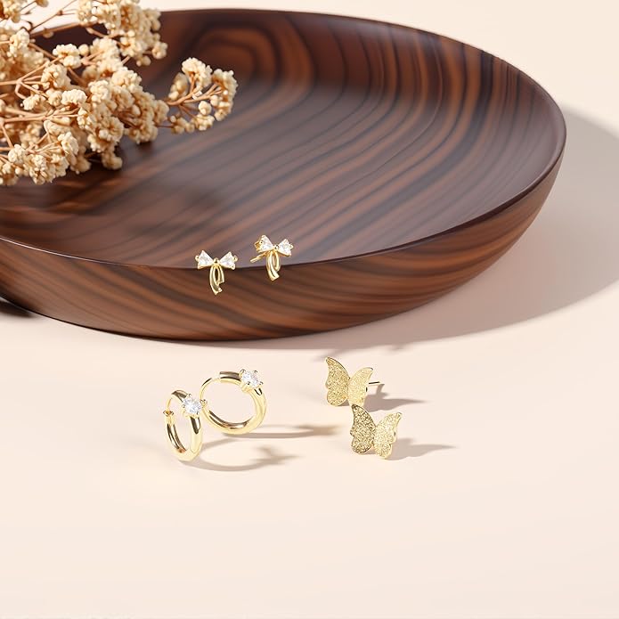 3 Pairs Gold Plated Hoop Earrings Set for Wonmen Trendy,With Butterfly & Bow Design,Jewelry Gift for Everyday, Party, Work