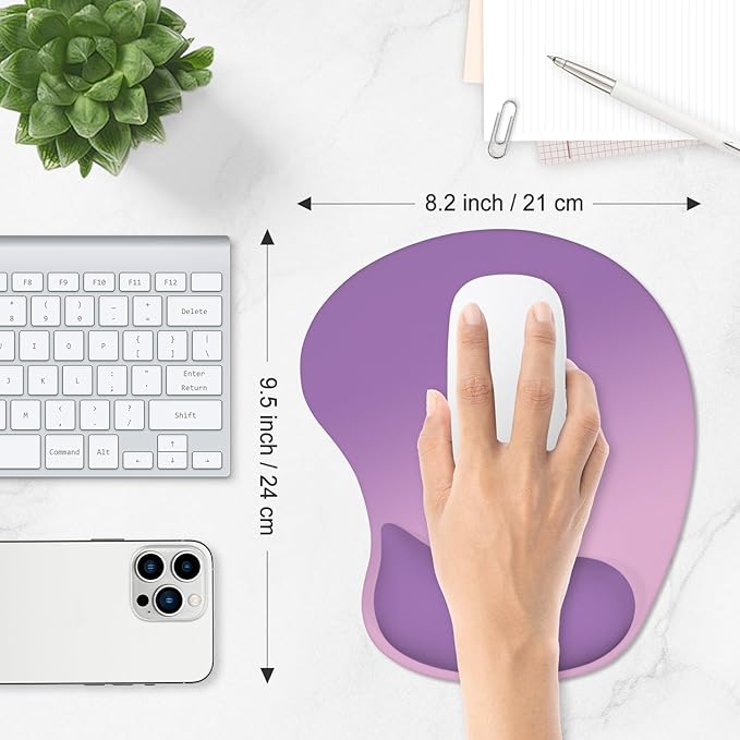 ITNRSIIET Ergonomic Mouse Pad, Cushioned Gel Wrist Rest, Non-Slip Base, Smooth Surface, Cute Multi-Color, 9.5 x 8.2 in, Purple Pink Gradient