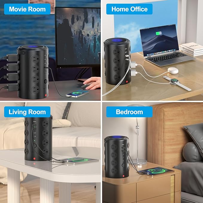 Power Strip Tower Surge Protector with 16 Outlets and 5 USB Ports (2 USB-C), 20FT Extension Cord with Multiple Outlets,Heavy Duty Charging Station,Home Office Dorm Room Essentials.No Wireless Charging