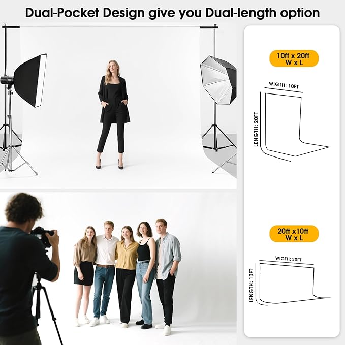 10x20ft White Backdrop for Photography, Dual-Size Dual-Pocket Design Photo Booth Background for Portrait Photoshoot, Party and Video with Both Options of 10 feet and 20 feet in Width
