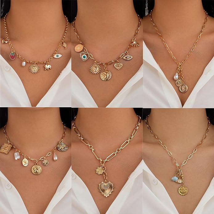 Gold Chic Charm Necklace for Women With White Pearl Square Pendant Adjustable Retro Boho Beach Style Trendy Summer Shell Pearl Coin Paperclip Chain Necklaces Jewelry for Women (style2)