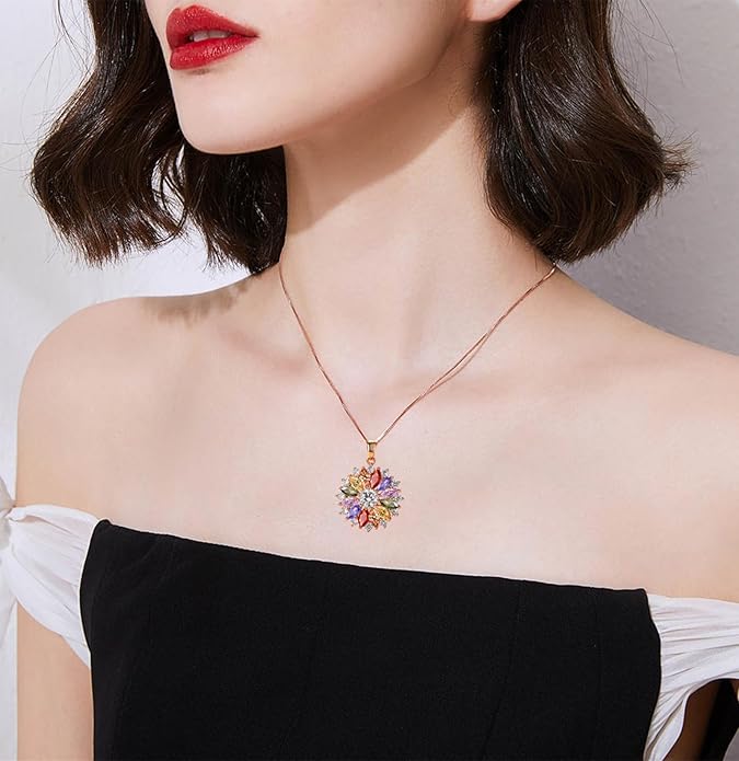 VONSSY Colorful Snowflake Pendant Necklace Earrings Rose Gold 5A Cubic Zirconia | Crystal Sweater Chain | Multi Gemstone Garnet Amethyst Morganite Peridot Prom Rhinestone Necklaces for Women Vintage Stylish Gift
