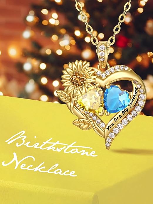 Sunflower Heart Necklace for Women 14K Gold Exquisite Valentines Day Anniversary Birthday Gifts for Wife Mother Her Double Birthstone Pendant Jewelry‘You Are My Sunshine’