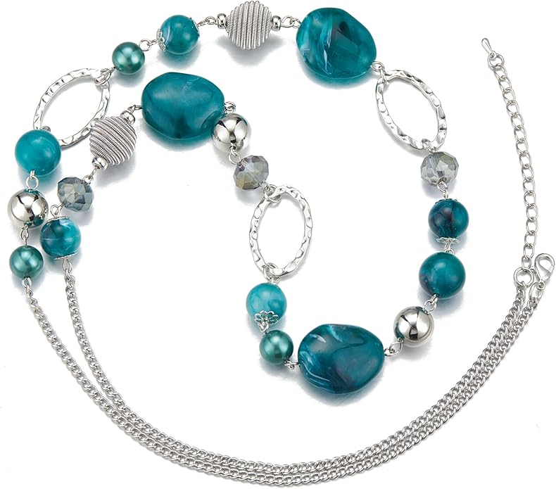 BULINLIN Beaded Long Necklace for Women Silver Sweater Chain Necklace with Crystal Resin Beads, Fashion Jewelry Necklace