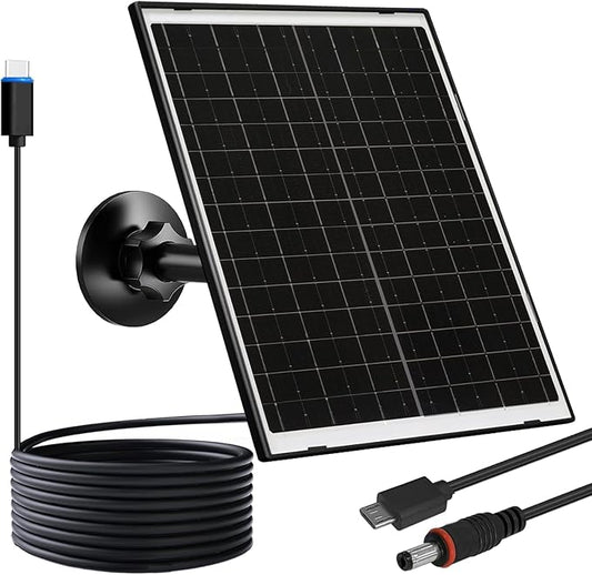 FUTUREZEN 10W Solar Panel for Security Camera, Trail Camera, Type-C Device, Solar Charger with USB-C, Micro USB & DC 5.5x2.1mm Port, IP66 Waterproof, Adjustable Mount, 7.2FT Cable