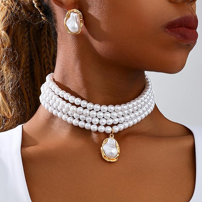 Chunky Pearl Necklaces for Women Gold Pearl Choker Necklace and Earrings Set Pearls Set Jewelry for Women