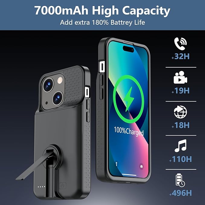Battery Case for iPhone 15/15 Pro, Charging Case with Stand 7000mAh Rechargeable Ultra-Slim Anti-Fall Protection Extended Battery Pack Charger Cover for iPhone 15/15 Pro Battery Case 6.1" Black
