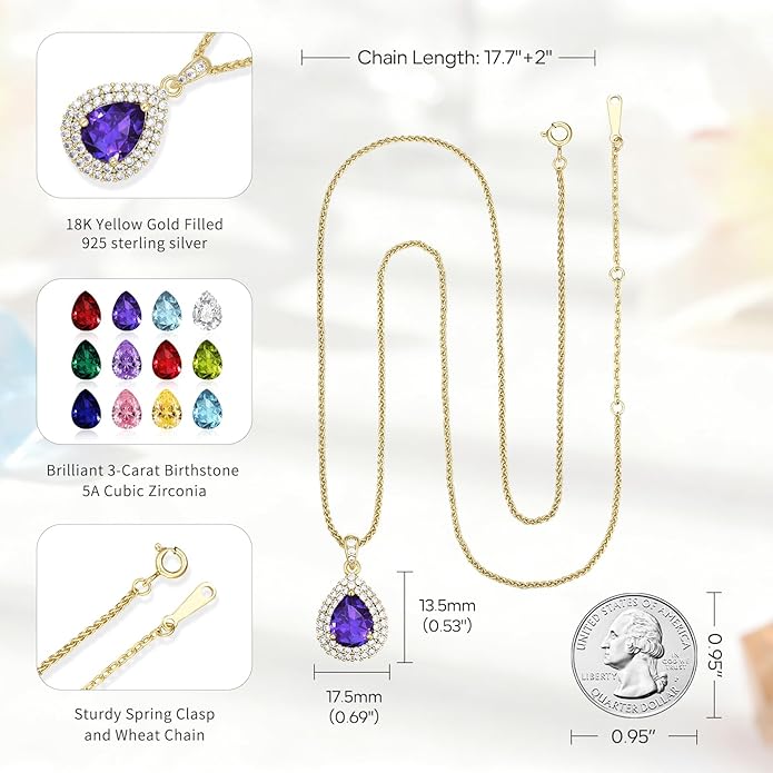 Valentine's Day Gift for Wife/Her-18K Gold Plated Teardrop Birthstone Necklace- with Light-Up Gift Box,Jewelry for Women,Anniversary Birthday Gifts for Women Her Wife Girlfriend Mom,Womens Jewelry