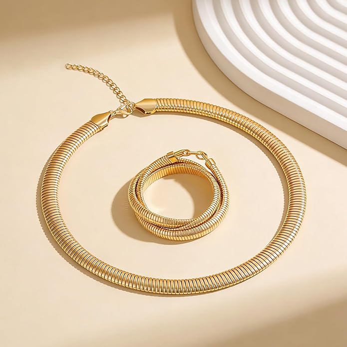 YBMYCM Chunky Gold-plated Silver Jewelry Set Multi Strands Stainless Steel Choker Necklace Bracelet Set for Women