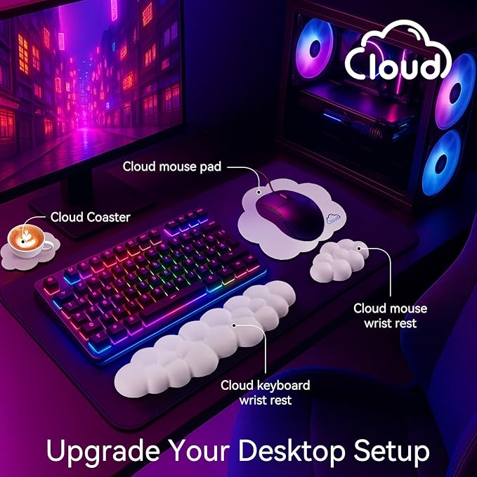 Cloud Wrist Rest for Computer Keyboard, 4-in-1 Memory Foam Leather Cloud Keyboard Wrist Rest and Mouse Pad Set with Ergonomic Support for Arm and Palm Cushion, Gaming/Work Setup, White