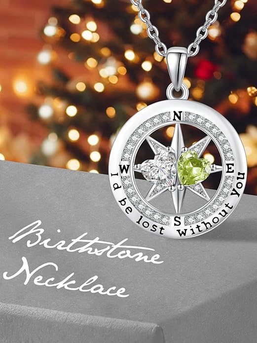Compass Necklace for Women, Exquisite S925 Valentines Day Anniversary Birthday Gifts for Wife Her Double Birthstone Pendant Jewelry ‘I'd be Lost Without You’