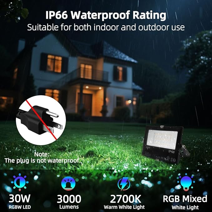 ILC LED Flood Light 30W Outdoor RGB Color Changing, Smart Floodlights RGBW 2700K Warm White & 16 Million Colors, 20 Modes, Grouping, Timing, IP66 Waterproof (2 Pack)