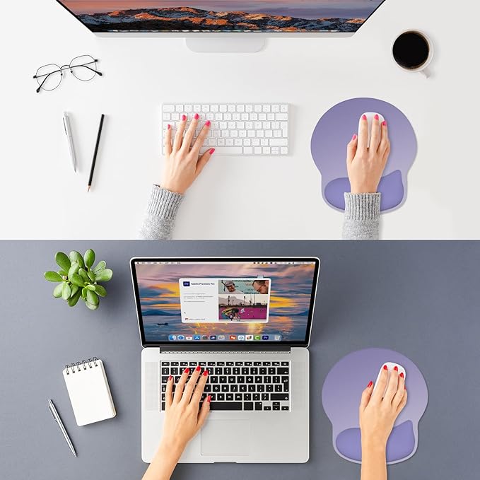ITNRSIIET Ergonomic Mouse Pad with Wider Memory Foam Wrist Rest +17%, Curved Cushion Reduces Pressure 20%, Pain Relief, Non-Slip, Smooth, Cute Color Desk Accessory, 9.85 x 9 inch, Purple Gradient