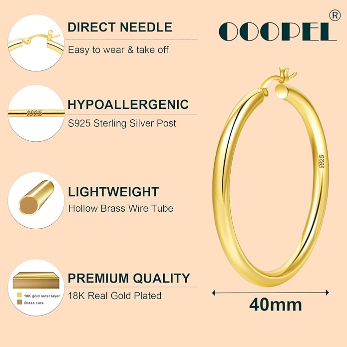 4mm Thick Gold Chunky Earrings Steling Silver Post Hoops Earrings For Women Hollow Tube Hoops Earrings Thick Gold Hoop Earrings Hypoallergenic Lightweight Gold Hoop Large Earrings 20/30/40/50/60MM