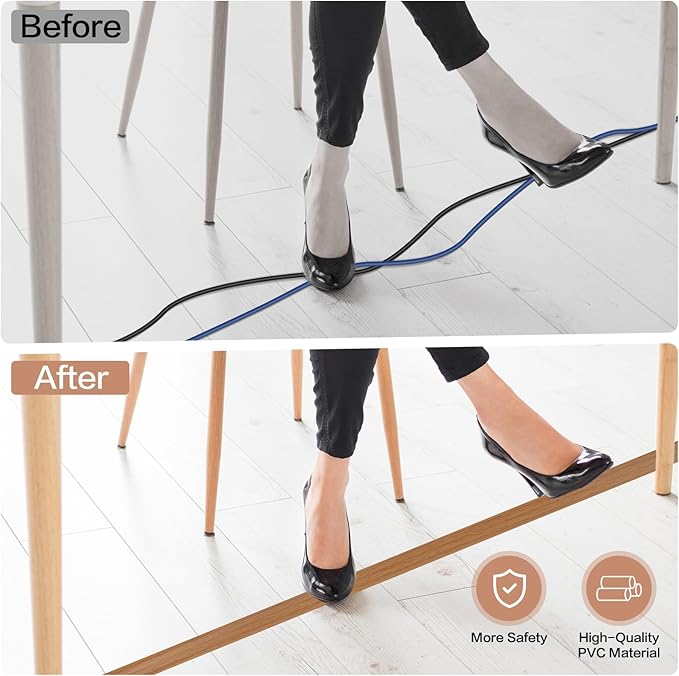 Floor Cord Cover Self Adhesive Cord Hider Floor Extension Cord Covers for Floor Power Cord Protector Cable Management Prevent Cable Trips Cable Cavity 0.51" W x 0.31" H (Light Brown Wood, 20Ft)