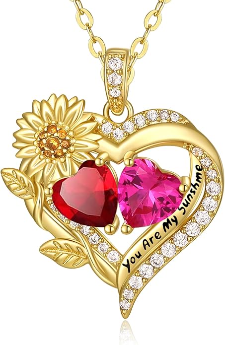 Sunflower Heart Necklace for Women 14K Gold Exquisite Valentines Day Anniversary Birthday Gifts for Wife Mother Her Double Birthstone Pendant Jewelry‘You Are My Sunshine’