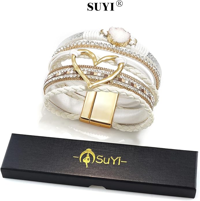 Suyi Multilayer Leather Wrap Bracelet Heart-Shape Wide Cuff Bracelets for Women