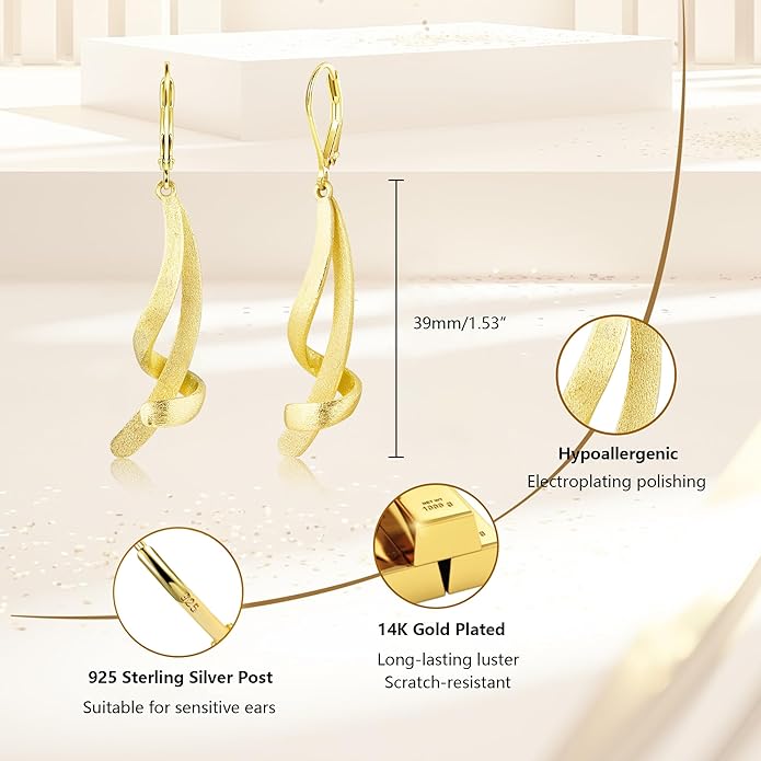 ALEXCRAFT 925 Sterling Silver Dangle Earrings, Hypoallergenic 14k Gold Plated Long Double Linear Twisted Tassel Dangling Drop Earrings for Women Trendy Statement Elegant Lightweight Leverback Earring