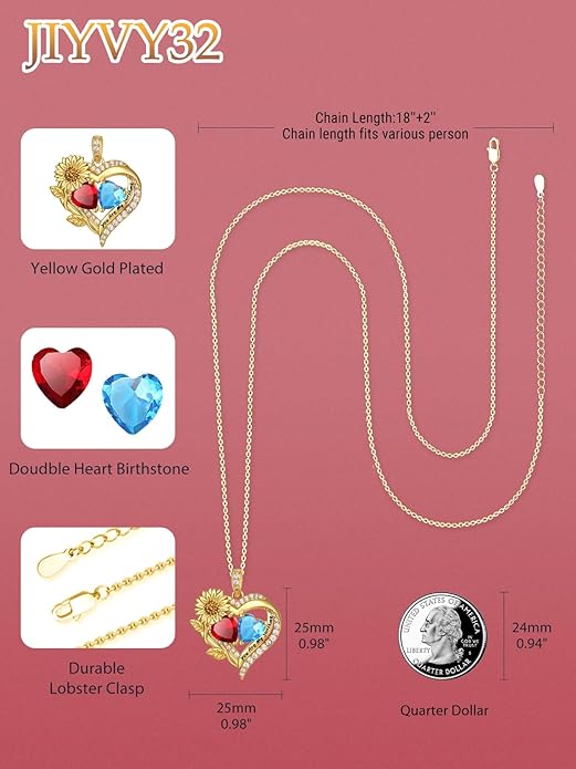 Sunflower Heart Necklace for Women 14K Gold Exquisite Valentines Day Anniversary Birthday Gifts for Wife Mother Her Double Birthstone Pendant Jewelry‘You Are My Sunshine’