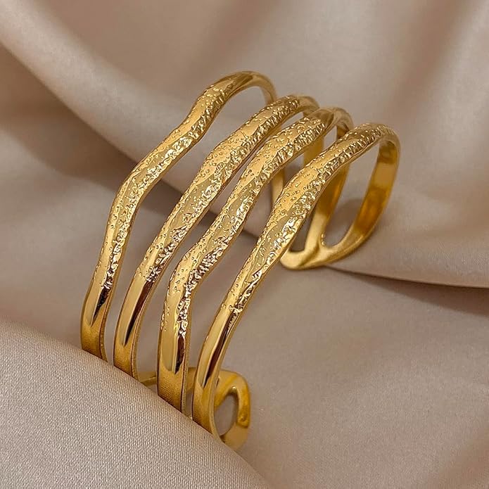 hotoo Gold Open Cuff Bangles Wide Woven Bracelets For Women Stainless Steel Stackable Jewelry For Xmas Birthday Gifts