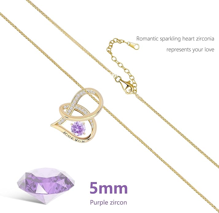 Enduring Hearts Purple Zircon Necklace for Women - 14K Gold Plated Copper Infinity Pendant, Dainty Everyday Jewelry