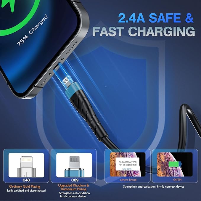 OIITH MFi Certified Short for iPhone Charger Cable 3 Pack 1 Ft, 12 inch for Lightning Charging Cord, Fast 2.4A for iPhone Data Cord Compatible with iPhone12/11/XS/Max/XR/X/8/8P/7P/6/iPad - Indigo