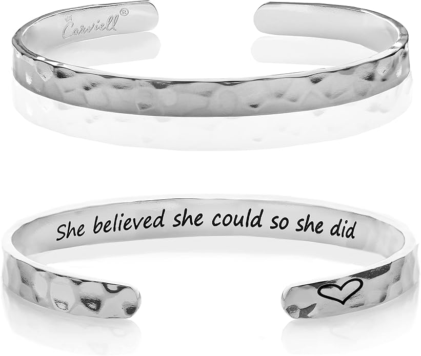 Carviell Engraved Cuff Bracelets for Women – Inspirational, Friendship, Love, Mom, Daughter, Sister, Christian, Graduation, Memorial & Wedding Gifts – 80+ Phrases – Stainless Steel, Gift-Ready