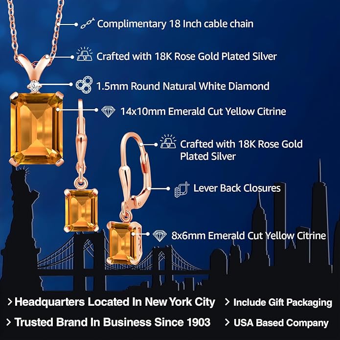 Gem Stone King 9-13 Cttw Pendant and Earrings Jewelry Set For Women | Emerald Cut 14X10MM and 8X6MM | Round 1.5MM | Gemstone Birthstone and Diamond | 925 Sterling Silver | 18 Inch Silver Chain