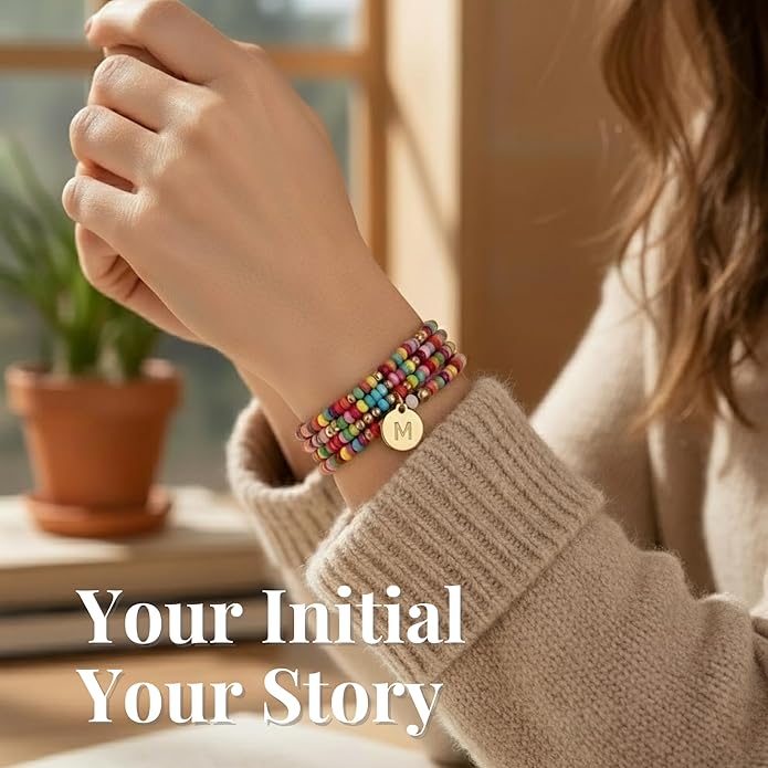Set of 4 Colorful Bead Initial Bracelets, Personalized Stackable Jewelry, Adjustable Stretchy Charm Bracelets for Women, Beaded Bracelet Set, Trendy Custom Jewelry Gift