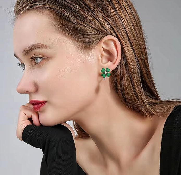 VONSSY Four Leaf Clover Necklace Earrings Shamrock Irish ST Patricks Jewelry Set Gift 18k Gold Plated Green Emerald Zircon Diamond Crystal Lucky Saint Pendant for Woman Wife Girlfriend Mom
