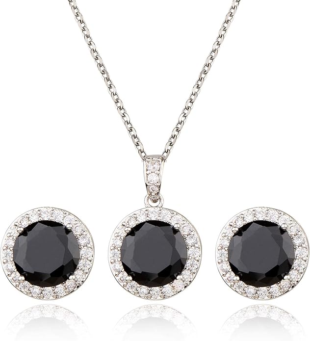Bridal Crystal Jewelry Set - Sterling Silver Round Cubic Zirconia CZ Rhinestone Halo Birthstone Pendant Necklace Stud Earrings Set for Wedding Bride Bridesmaids Birthday Gift