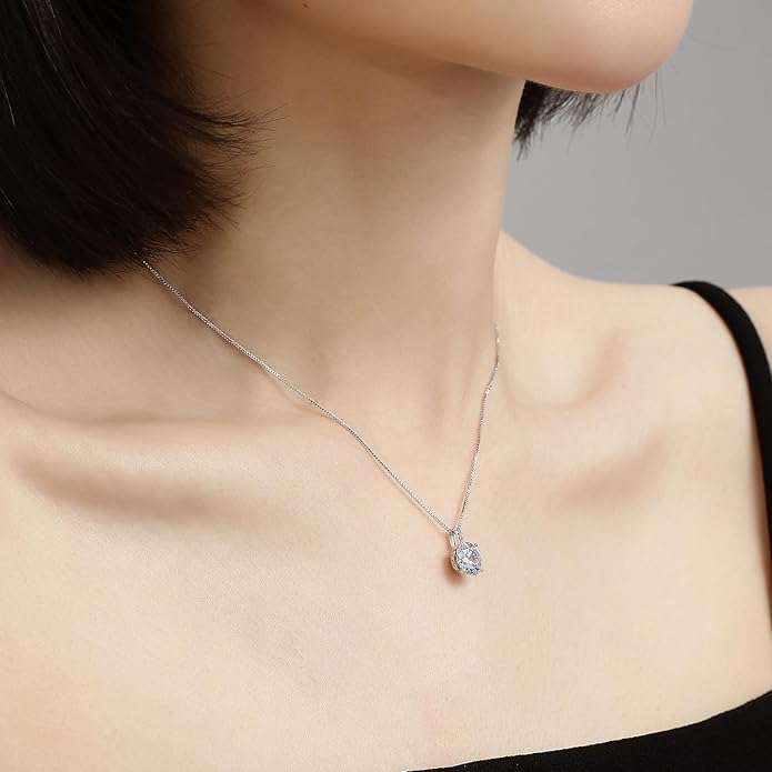 MISS MIMI Solitaire Cubic Zirconia Necklace for Women, 1–3 CT Round,Heart,Princess Cut CZ Options, Bezel or Prong Set in 925 Sterling Silver, Adjustable 16–20" Minimalist Everyday Jewelry
