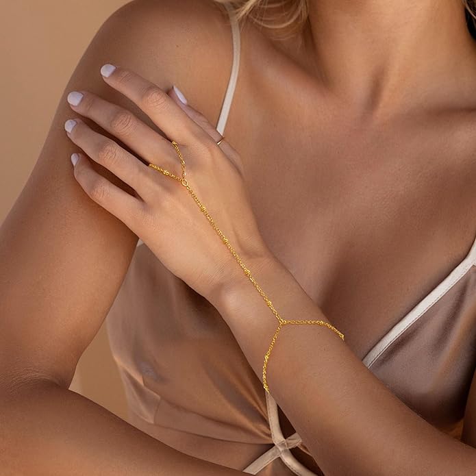 Hand Chain Bracelet, Adjustable Hand Jewelry Chain Bracelet with Ring, Trendy Gold Handchains Jewelry