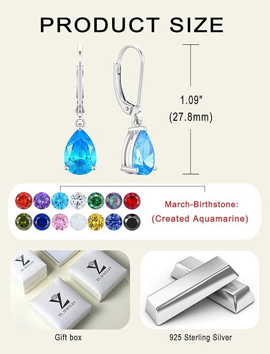 YL 925 Sterling Silver Teardrop Dangle Drop Earrings for Women 7x10 MM Solitaire Birthstone Leverback Jewelry