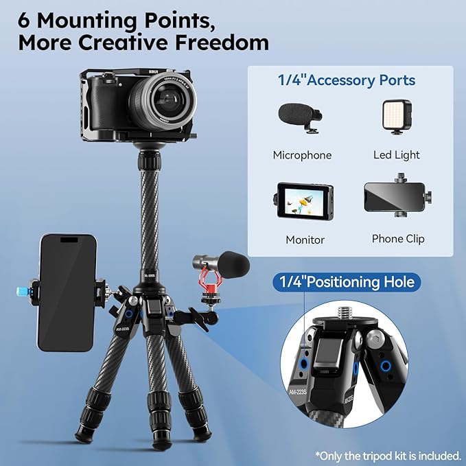 SIRUI Mini Carbon Fiber Tripod with Extendable Center Column, Max Height 26", Supports 33lbs - Ultra-Light 1.7lbs for Desk & Travel, New Anti-Corrosion Carbon Fiber(AM-223S+SL-100S)
