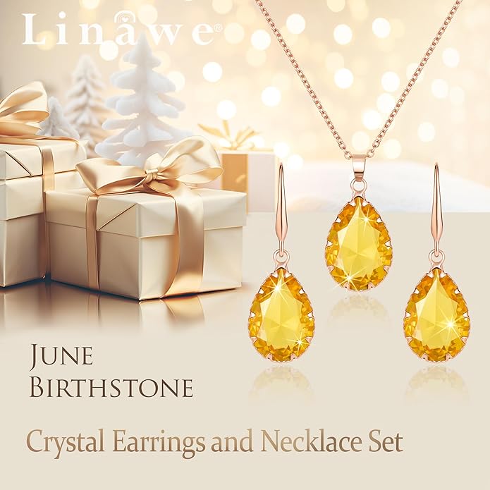 Linawe Crystal Jewelry Sets for Women, Imitation Diamond Pendant Necklace, Rhinestone Drop Dangle Earrings, Birthstone Cubic Zirconia Matching Wedding Jewelry, 14K Gold/Rose Gold/Silver Tones