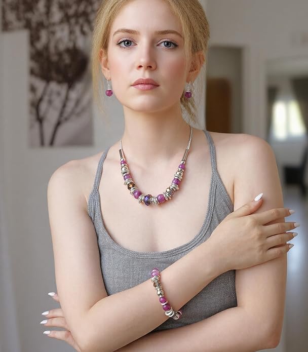 PEARL&CLUB Silver Beaded Statement Necklaces for Women Chunky Bead Necklace Bracelet and Earring Costume Jewelry Sets Gifts for Mom