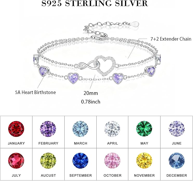Prismata Infinity Birthstone Charm Link Bracelet 925 Sterling Silver Adjustable 12 Months Birthstone Infinity Bracelet Birthday Jewelry Gifts for Women Mom Her,with 7"+2" chain
