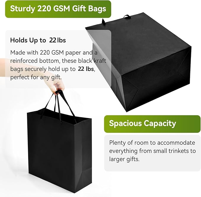 Black Gift Bags With Handles 6 Pcs 8x5x10 Inch Back to School Gift Bags Medium Size Bulk for Wedding Party Birthday Business