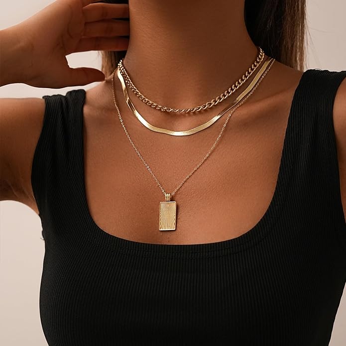 Women's Multi-Layered Gold Necklace, Stackable Delicate 14K Gold Plated Fashion Round Multi Layers Pendant Necklace, Gold Jewelry Set Gifts