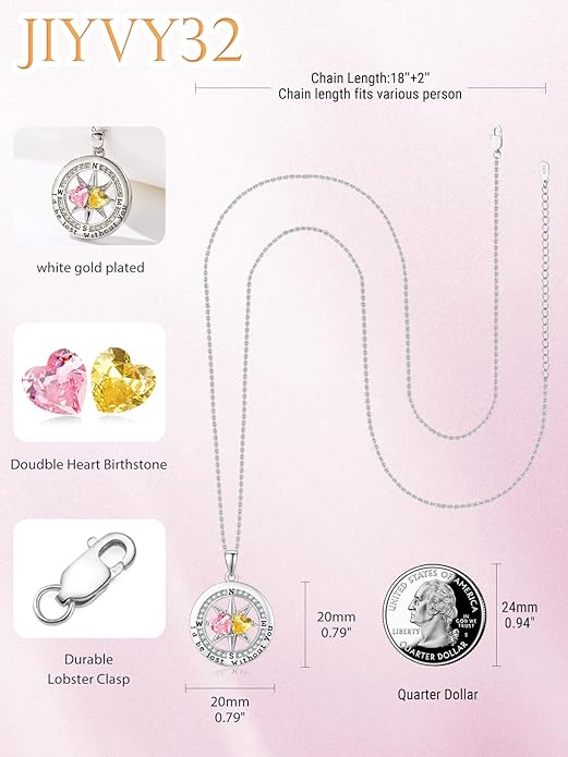 Compass Necklace for Women, Exquisite S925 Valentines Day Anniversary Birthday Gifts for Wife Her Double Birthstone Pendant Jewelry ‘I'd be Lost Without You’