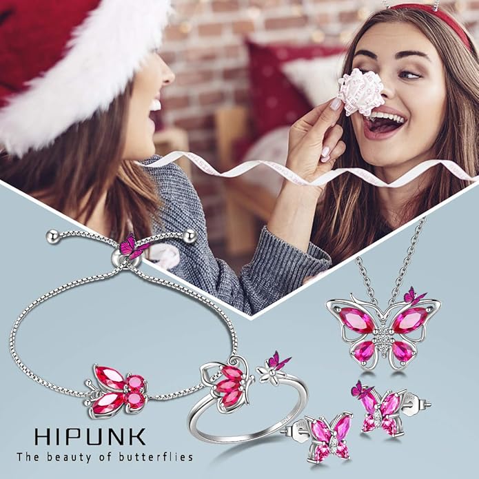 925 Sterling Silver Birthstone Butterfly Jewelry Women Crystal Animal Cute Butterflies Birthday Necklace/Earring/Ring/Bracelet Sets Birth Stone Statement Anniversary Jewellery