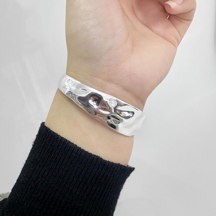 Sterling Silver Chunky Cuff Bracelet Vintage Hammered Texture Style Statement Open Bangle Bracelets for Women