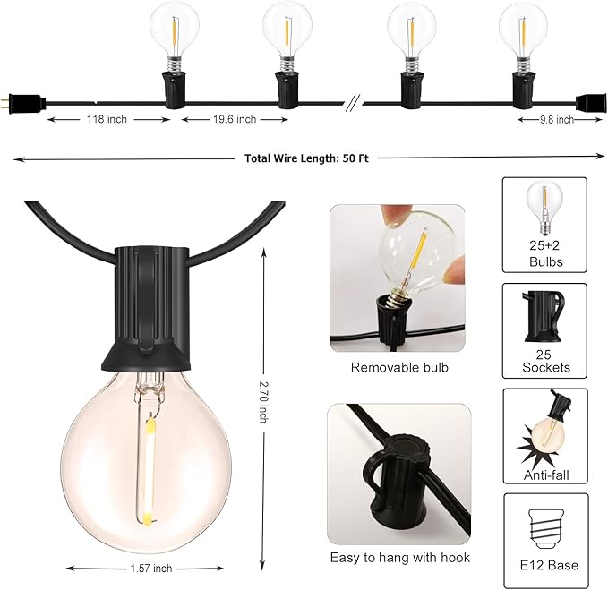 DAMAING Outdoor String Lights LED 50Feet G40 Globe Patio Lights with 27 Edison Plastic LED Bulbs,2700K Warm Glow Weatherproof for Indoor Outdoor Backyard Bistro Lighting